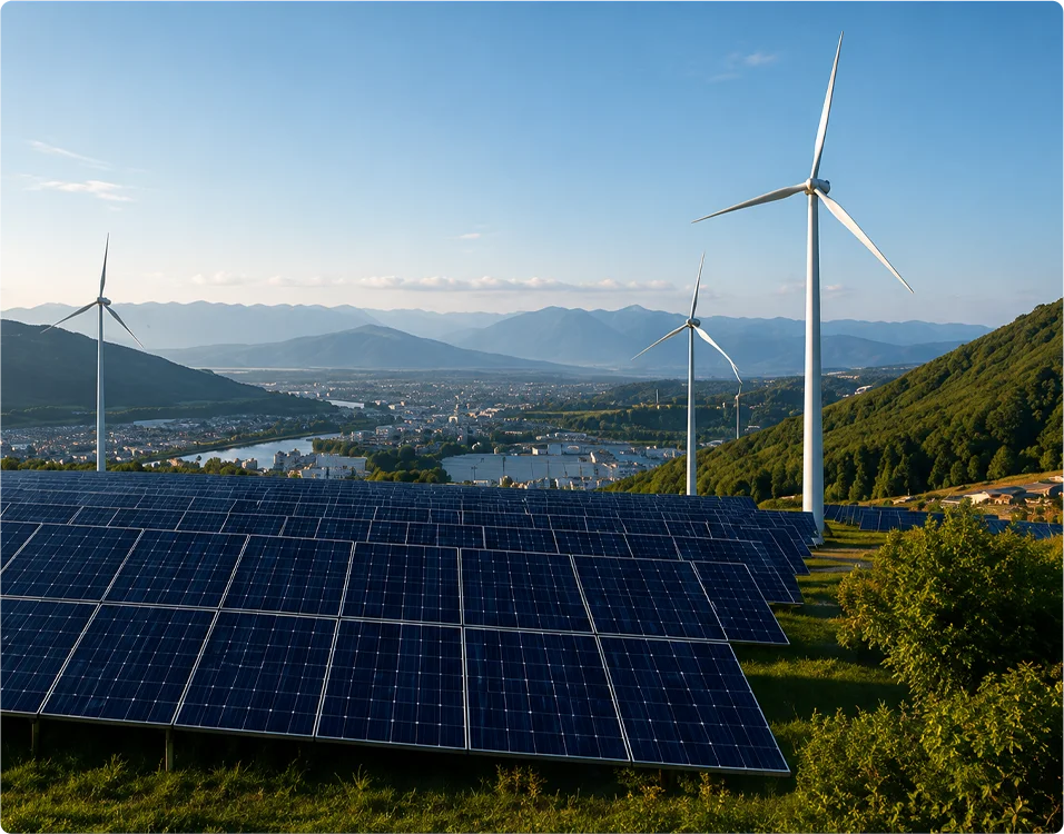 Solar panels and wind turbines in Europe
